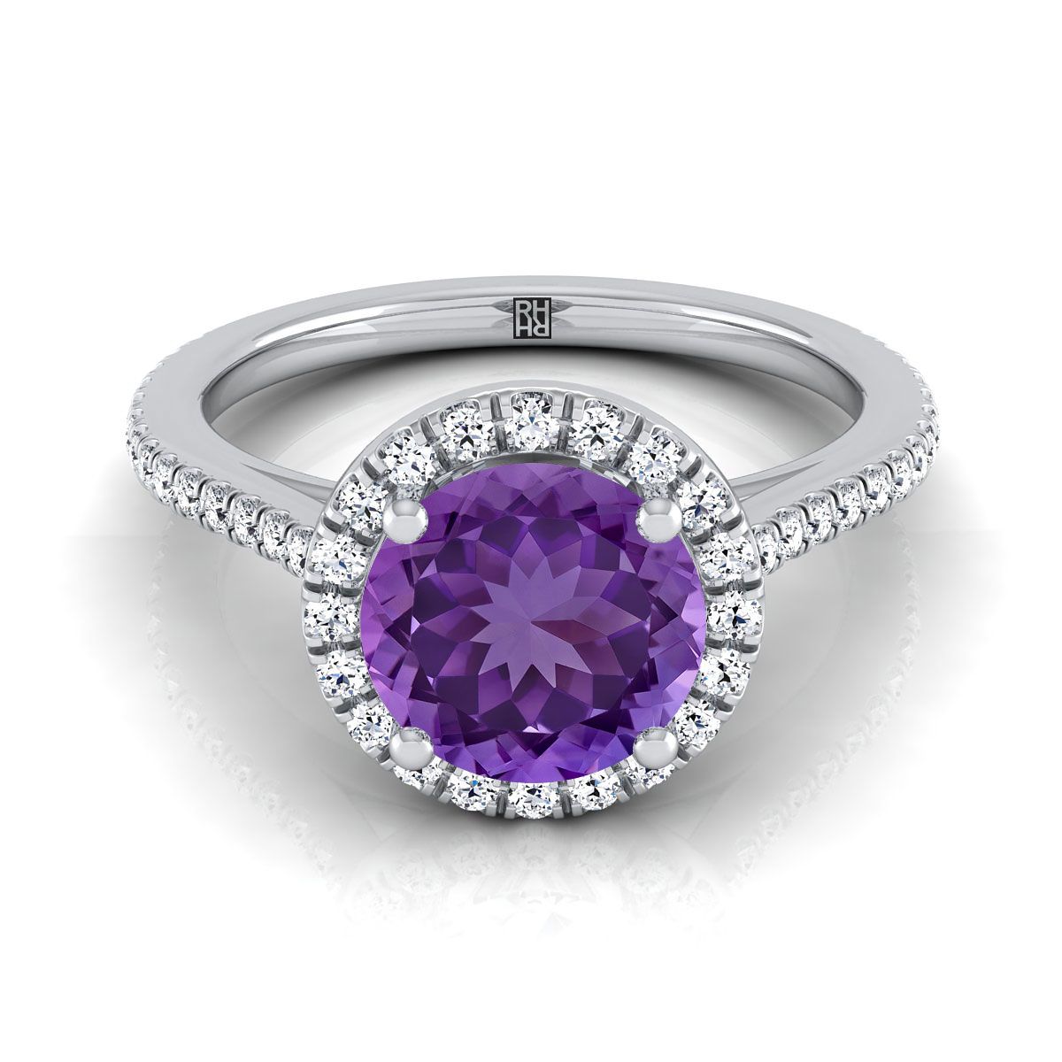 18K White Gold Round Brilliant Classic French Pave Halo and Linear Engagement Ring -1/4ctw