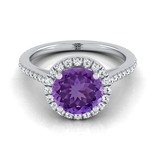 14K White Gold Round Brilliant Classic French Pave Halo and Linear Engagement Ring -1/4ctw