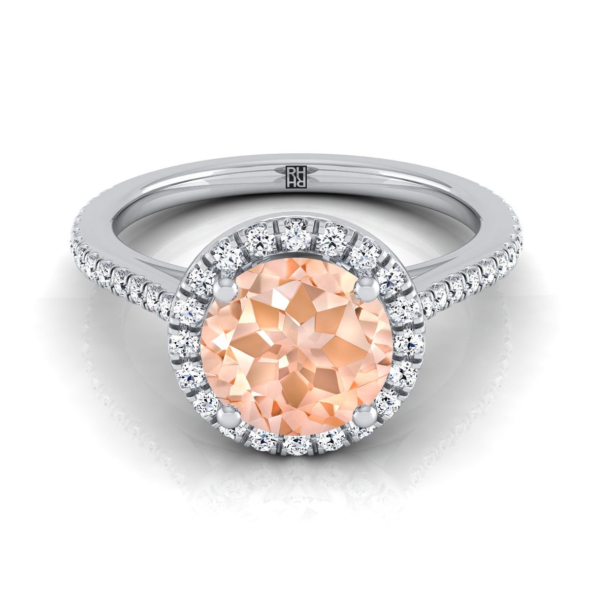 Platinum Round Brilliant Classic French Pave Halo and Linear Engagement Ring -1/4ctw