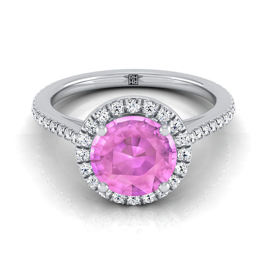 Platinum Round Brilliant Classic French Pave Halo and Linear Engagement Ring -1/4ctw