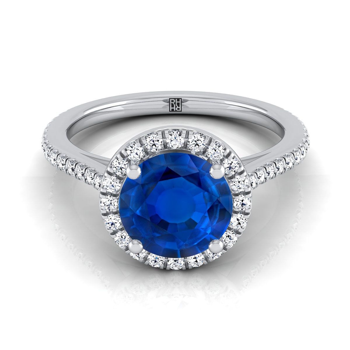 Platinum Round Brilliant Classic French Pave Halo and Linear Engagement Ring -1/4ctw