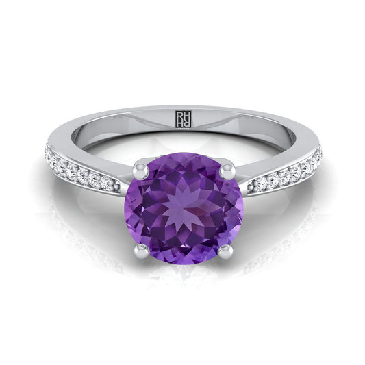 14K White Gold Round Brilliant Amethyst Tapered Pave Diamond Engagement Ring -1/8ctw