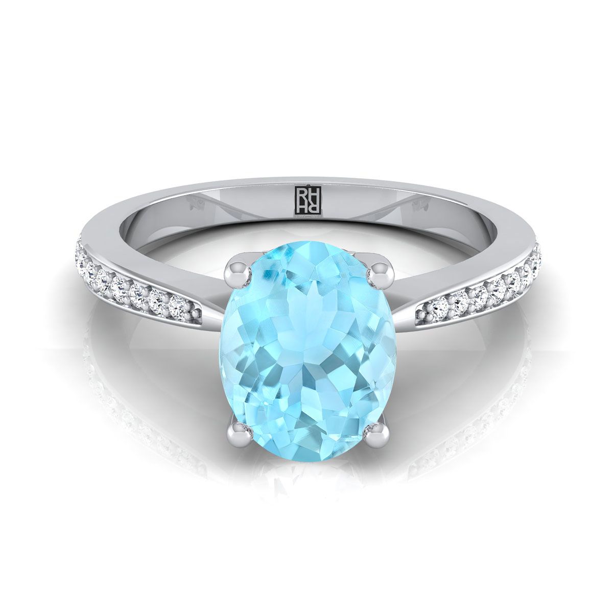Platinum Oval Aquamarine Tapered Pave Diamond Engagement Ring -1/8ctw