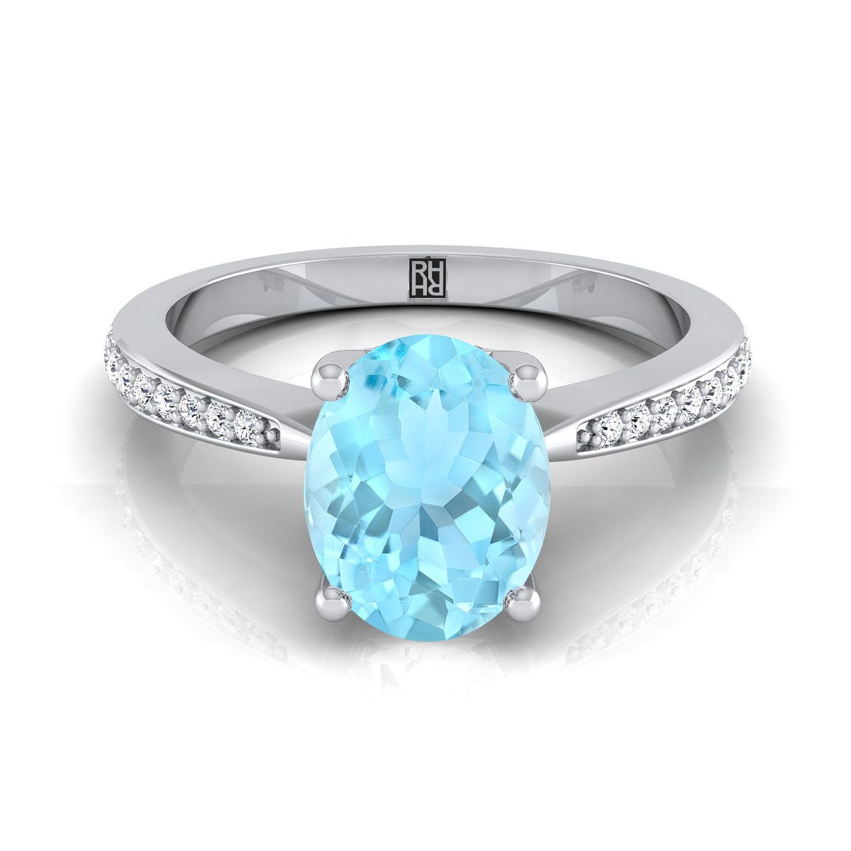 14K White Gold Oval Aquamarine Tapered Pave Diamond Engagement Ring -1/8ctw