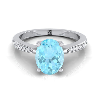 18K White Gold Oval Aquamarine Tapered Pave Diamond Engagement Ring -1/8ctw