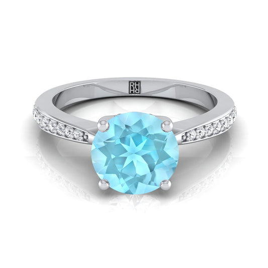 14K White Gold Round Brilliant Aquamarine Tapered Pave Diamond Engagement Ring -1/8ctw