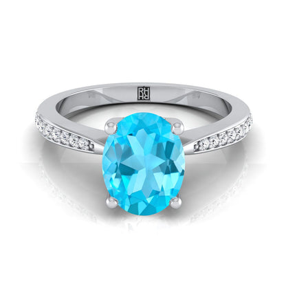 Platinum Oval Swiss Blue Topaz Tapered Pave Diamond Engagement Ring -1/8ctw
