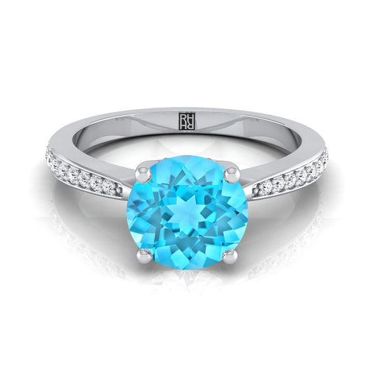 18K White Gold Round Brilliant Swiss Blue Topaz Tapered Pave Diamond Engagement Ring -1/8ctw