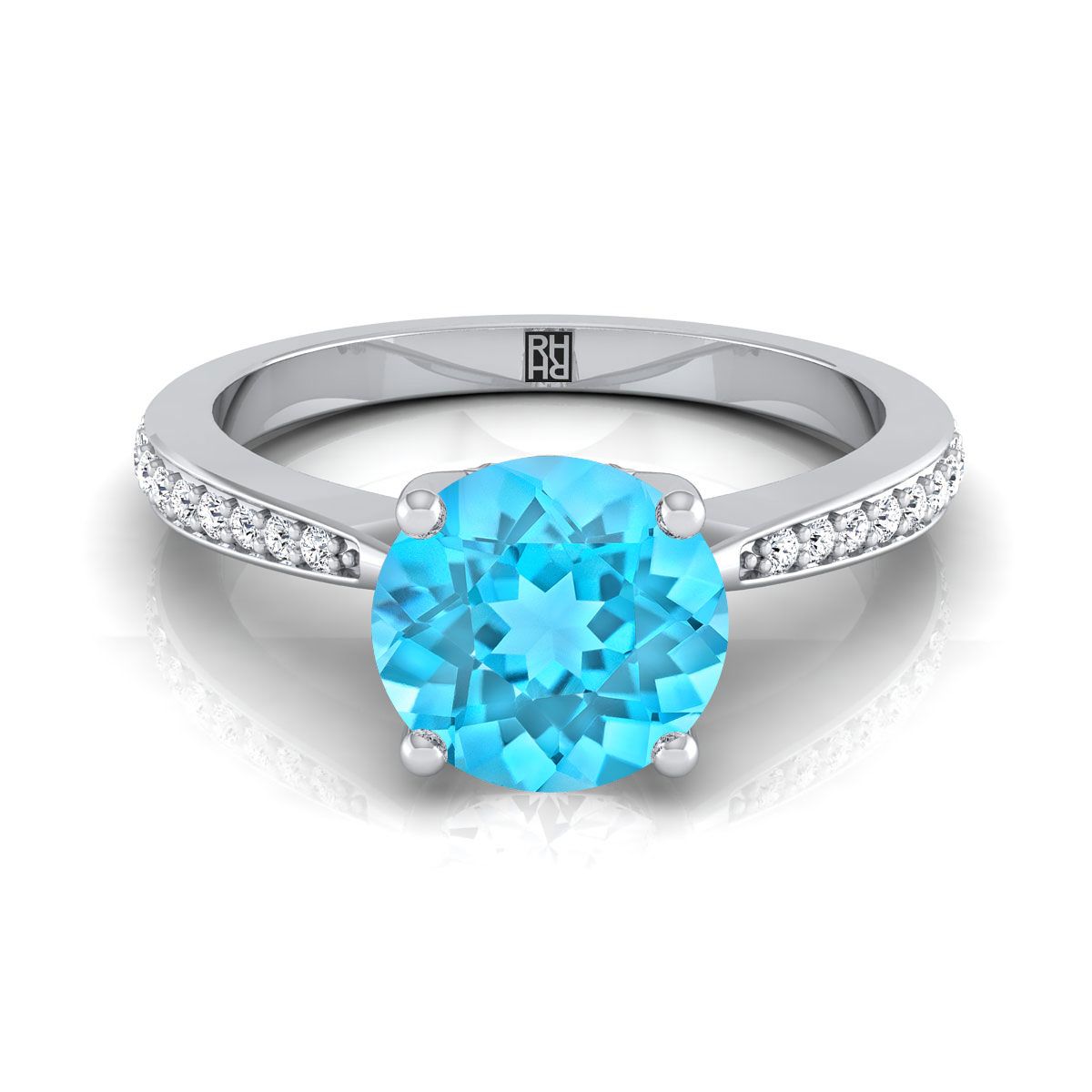 14K White Gold Round Brilliant Swiss Blue Topaz Tapered Pave Diamond Engagement Ring -1/8ctw