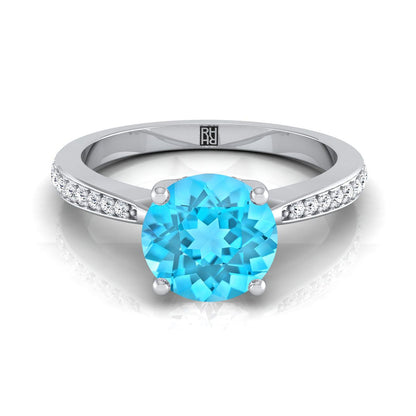 14K White Gold Round Brilliant Swiss Blue Topaz Tapered Pave Diamond Engagement Ring -1/8ctw