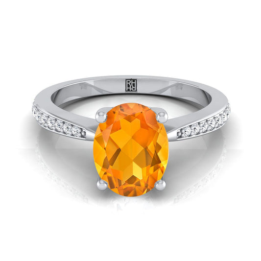 18K White Gold Oval Citrine Tapered Pave Diamond Engagement Ring -1/8ctw