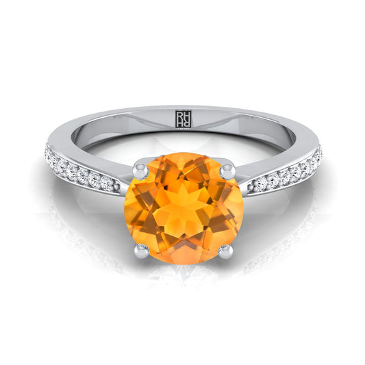 14K White Gold Round Brilliant Citrine Tapered Pave Diamond Engagement Ring -1/8ctw
