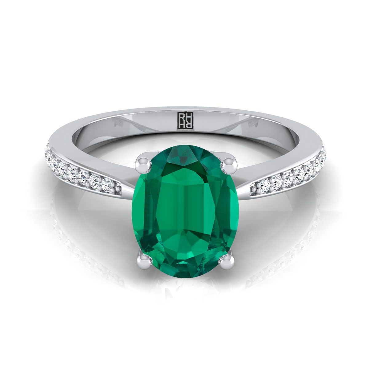 18K White Gold Oval Emerald Tapered Pave Diamond Engagement Ring -1/8ctw