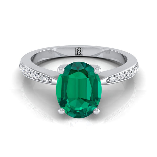 18K White Gold Oval Emerald Tapered Pave Diamond Engagement Ring -1/8ctw