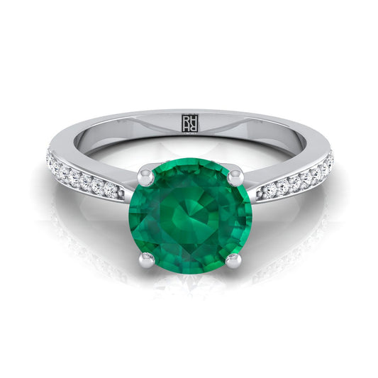 Platinum Round Brilliant Emerald Tapered Pave Diamond Engagement Ring -1/8ctw