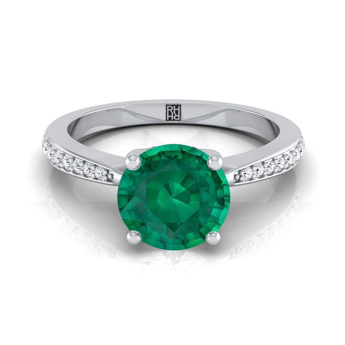 14K White Gold Round Brilliant Emerald Tapered Pave Diamond Engagement Ring -1/8ctw