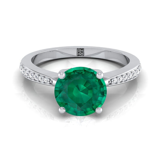 14K White Gold Round Brilliant Emerald Tapered Pave Diamond Engagement Ring -1/8ctw
