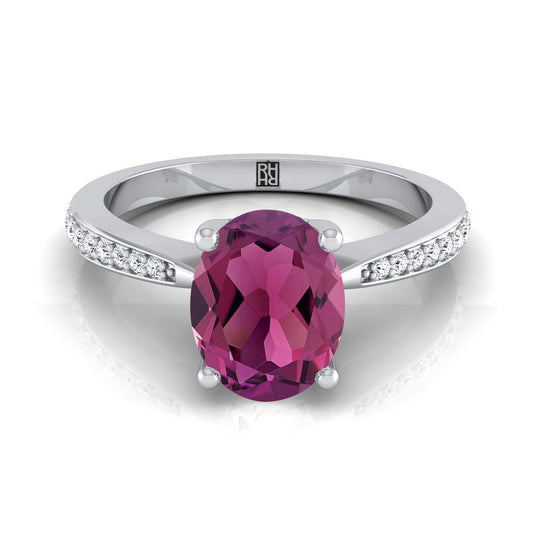 14K White Gold Oval Garnet Tapered Pave Diamond Engagement Ring -1/8ctw