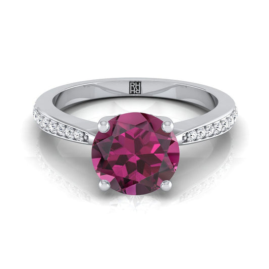 18K White Gold Round Brilliant Garnet Tapered Pave Diamond Engagement Ring -1/8ctw