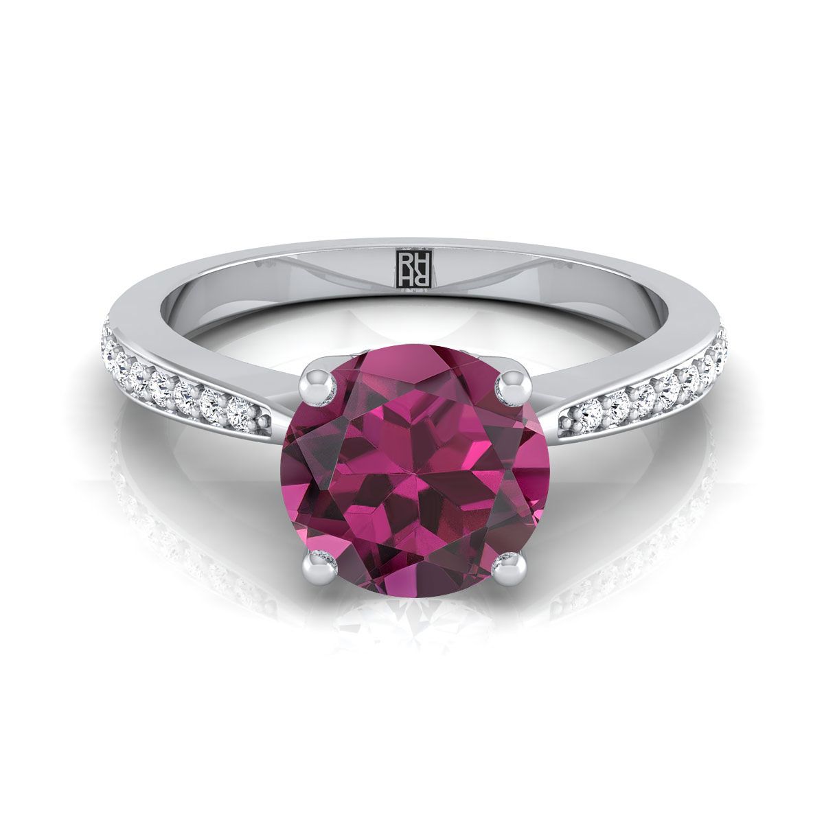 14K White Gold Round Brilliant Garnet Tapered Pave Diamond Engagement Ring -1/8ctw