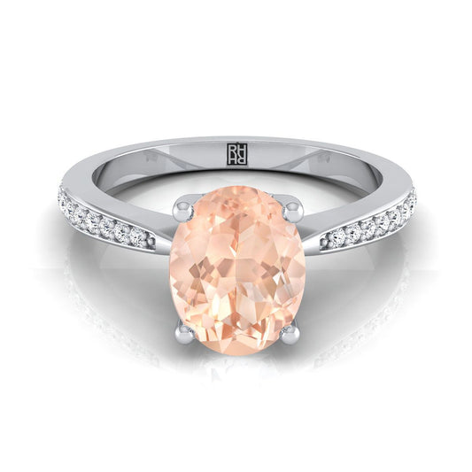 18K White Gold Oval Morganite Tapered Pave Diamond Engagement Ring -1/8ctw