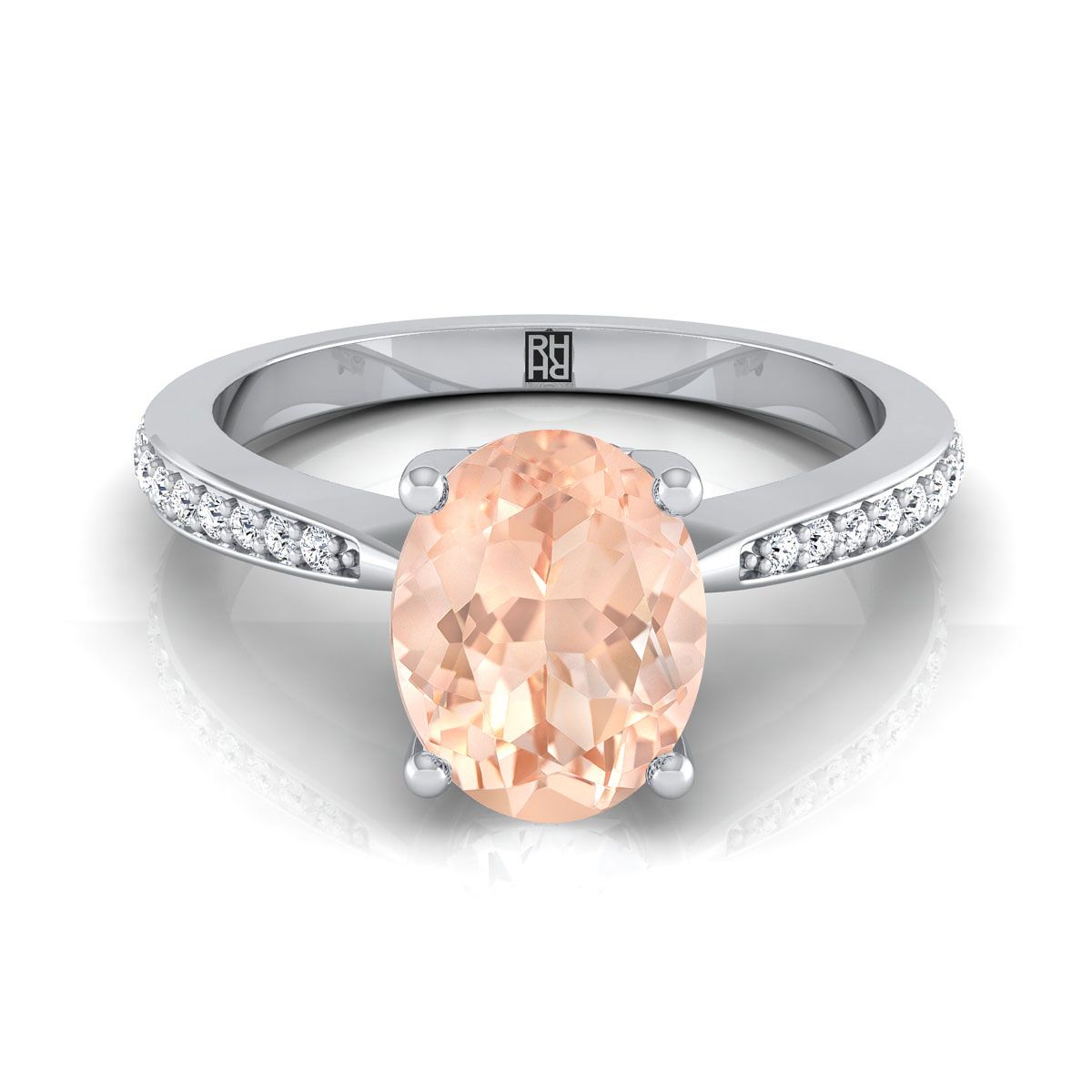 Platinum Oval Morganite Tapered Pave Diamond Engagement Ring -1/8ctw