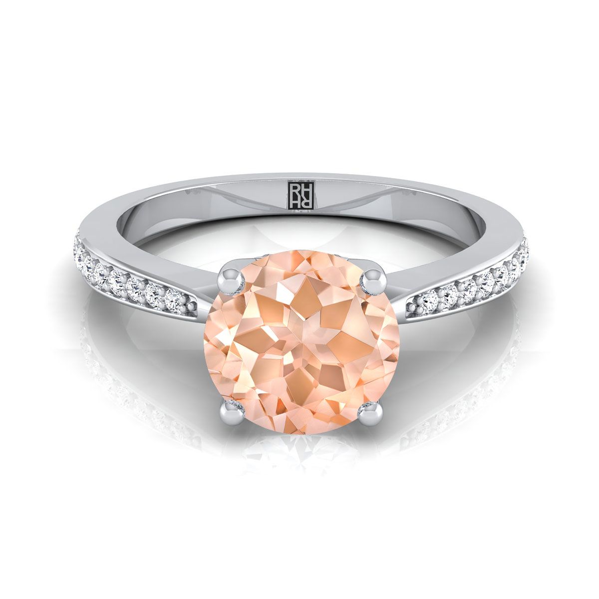 14K White Gold Round Brilliant Morganite Tapered Pave Diamond Engagement Ring -1/8ctw