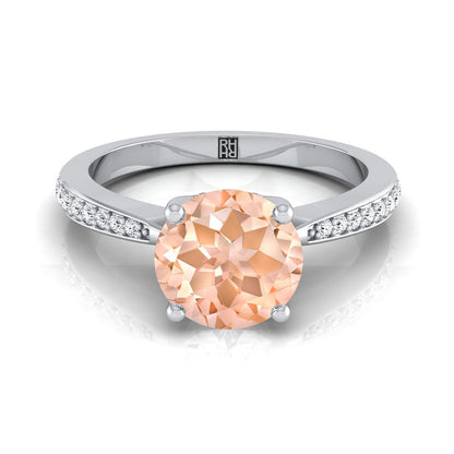 Platinum Round Brilliant Morganite Tapered Pave Diamond Engagement Ring -1/8ctw