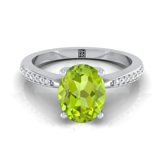 14K White Gold Oval Peridot Tapered Pave Diamond Engagement Ring -1/8ctw