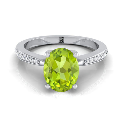 14K White Gold Oval Peridot Tapered Pave Diamond Engagement Ring -1/8ctw