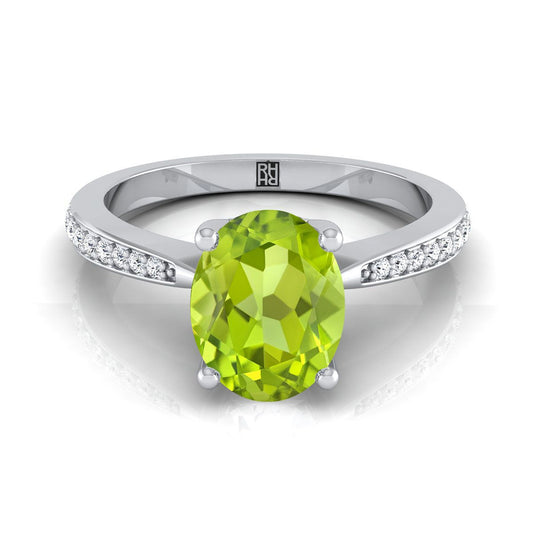 Platinum Oval Peridot Tapered Pave Diamond Engagement Ring -1/8ctw