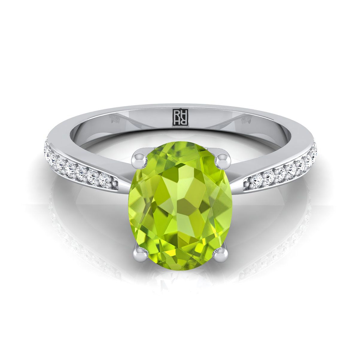 18K White Gold Oval Peridot Tapered Pave Diamond Engagement Ring -1/8ctw