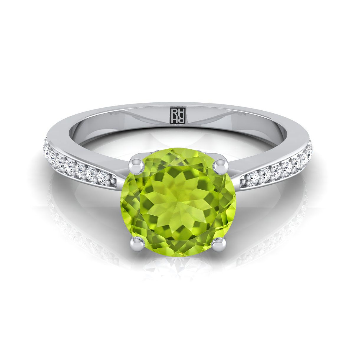 14K White Gold Round Brilliant Peridot Tapered Pave Diamond Engagement Ring -1/8ctw