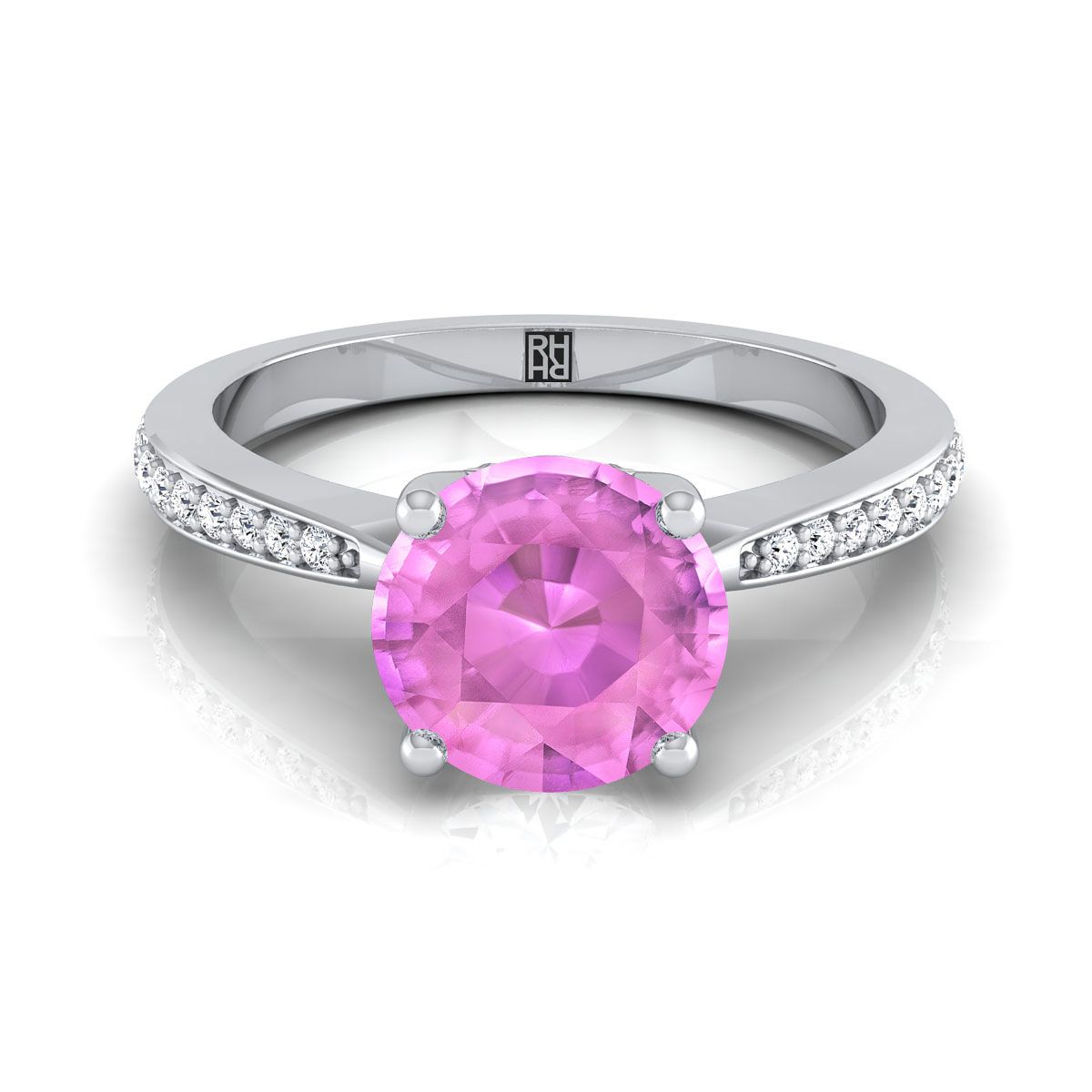 14K White Gold Round Brilliant Pink Sapphire Tapered Pave Diamond Engagement Ring -1/8ctw