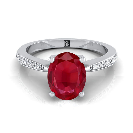 14K White Gold Oval Ruby Tapered Pave Diamond Engagement Ring -1/8ctw