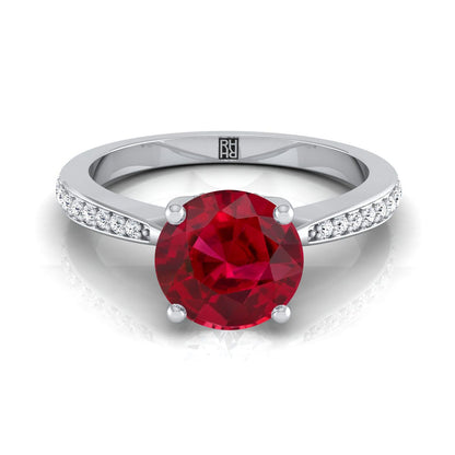 14K White Gold Round Brilliant Ruby Tapered Pave Diamond Engagement Ring -1/8ctw