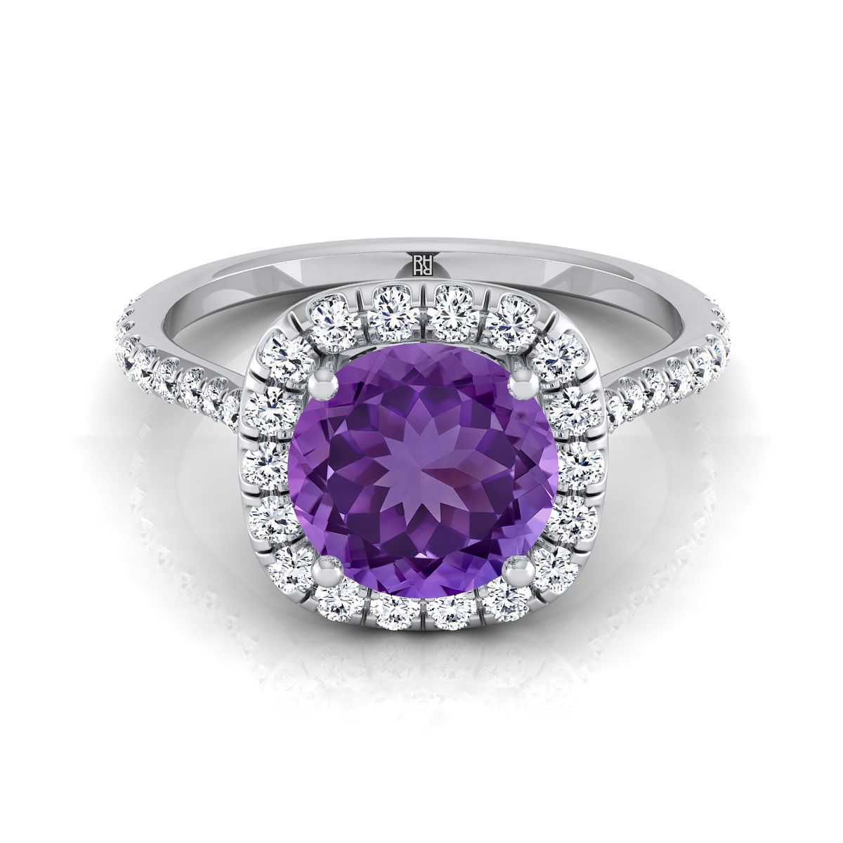 14K White Gold Round Brilliant Amethyst Shared Prong Diamond Halo Engagement Ring -3/8ctw