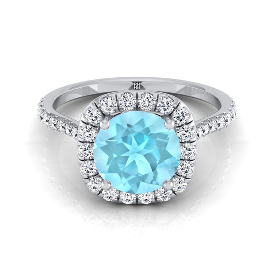 14K White Gold Round Brilliant Aquamarine Shared Prong Diamond Halo Engagement Ring -3/8ctw
