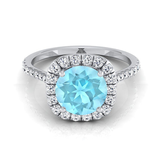 Platinum Round Brilliant Aquamarine Shared Prong Diamond Halo Engagement Ring -3/8ctw