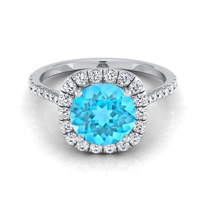 Platinum Round Brilliant Swiss Blue Topaz Shared Prong Diamond Halo Engagement Ring -3/8ctw