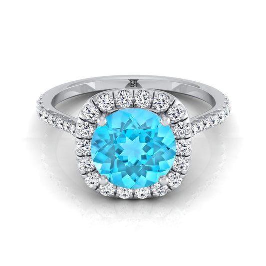 Platinum Round Brilliant Swiss Blue Topaz Shared Prong Diamond Halo Engagement Ring -3/8ctw