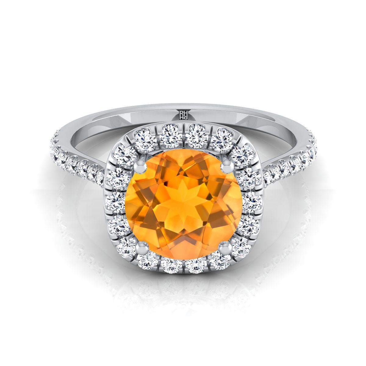 18K White Gold Round Brilliant Citrine Shared Prong Diamond Halo Engagement Ring -3/8ctw