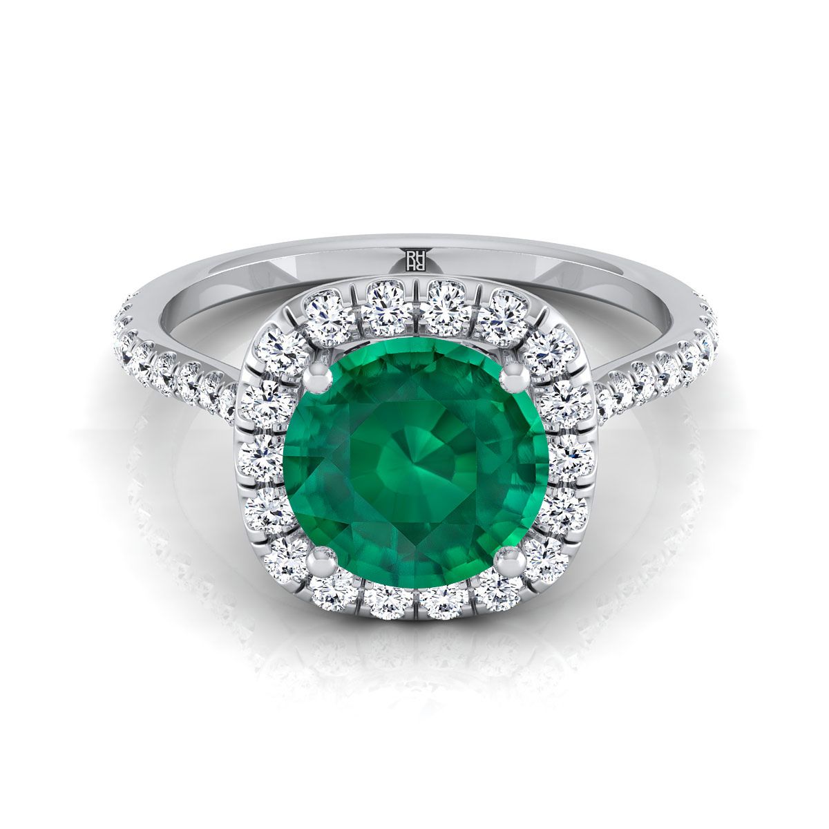14K White Gold Round Brilliant Emerald Shared Prong Diamond Halo Engagement Ring -3/8ctw