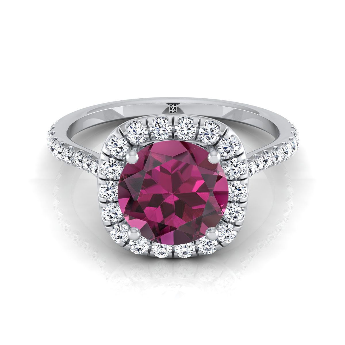 Platinum Round Brilliant Garnet Shared Prong Diamond Halo Engagement Ring -3/8ctw