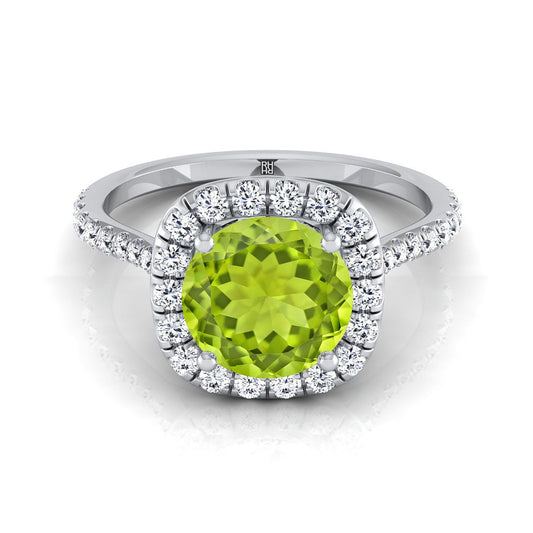 Platinum Round Brilliant Peridot Shared Prong Diamond Halo Engagement Ring -3/8ctw