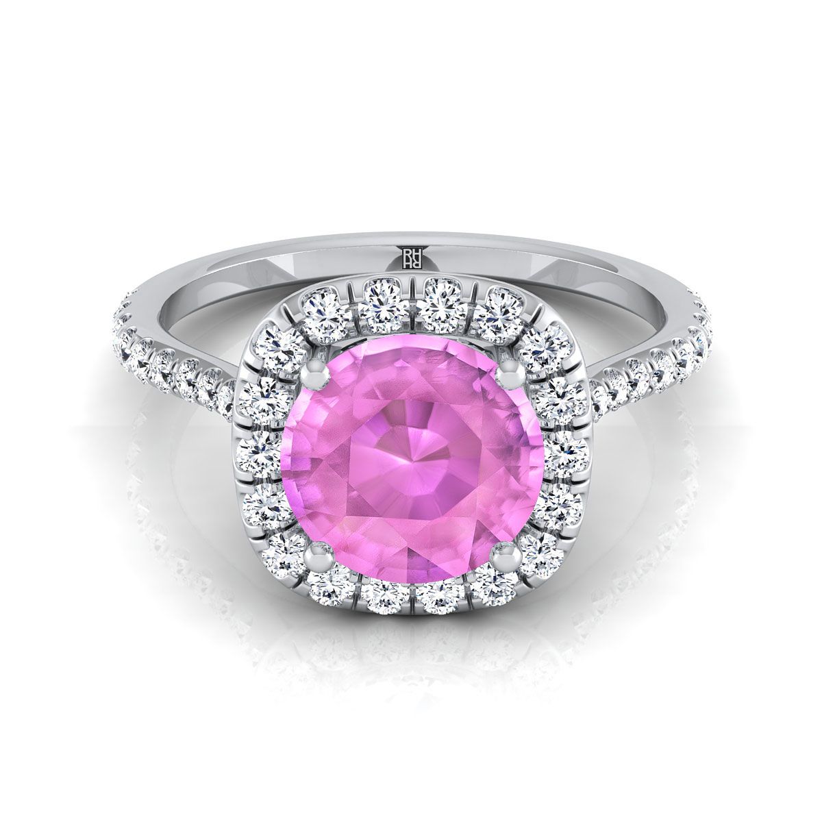 14K White Gold Round Brilliant Pink Sapphire Shared Prong Diamond Halo Engagement Ring -3/8ctw