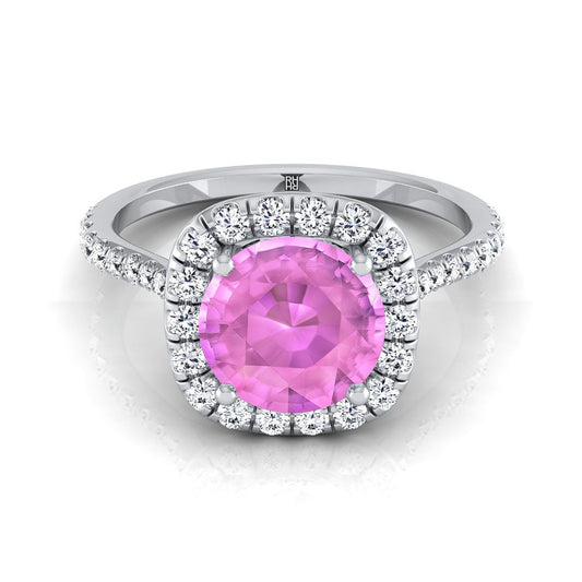 18K White Gold Round Brilliant Pink Sapphire Shared Prong Diamond Halo Engagement Ring -3/8ctw