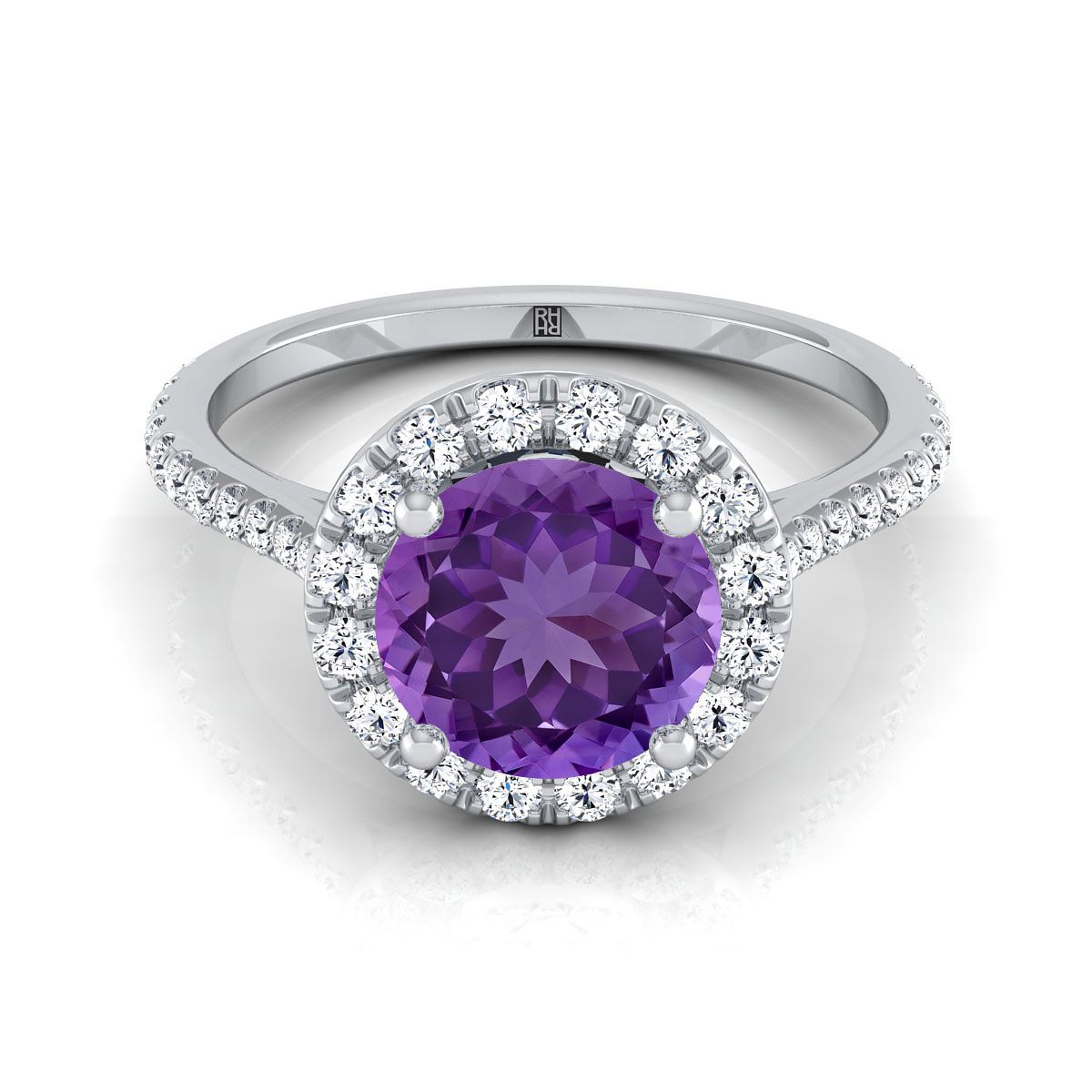 Platinum Amethyst Amethyst Halo Diamond Pave Engagement Ring -3/8ctw