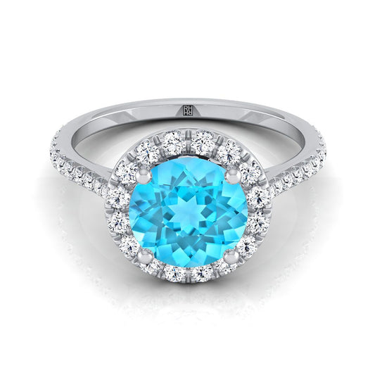 18K White Gold Swiss Blue Topaz Swiss Blue Topaz Halo Diamond Pave Engagement Ring -3/8ctw