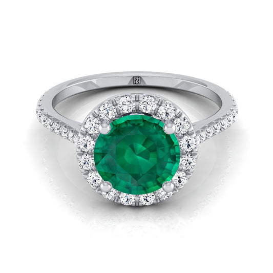 18K White Gold Emerald Emerald Halo Diamond Pave Engagement Ring -3/8ctw